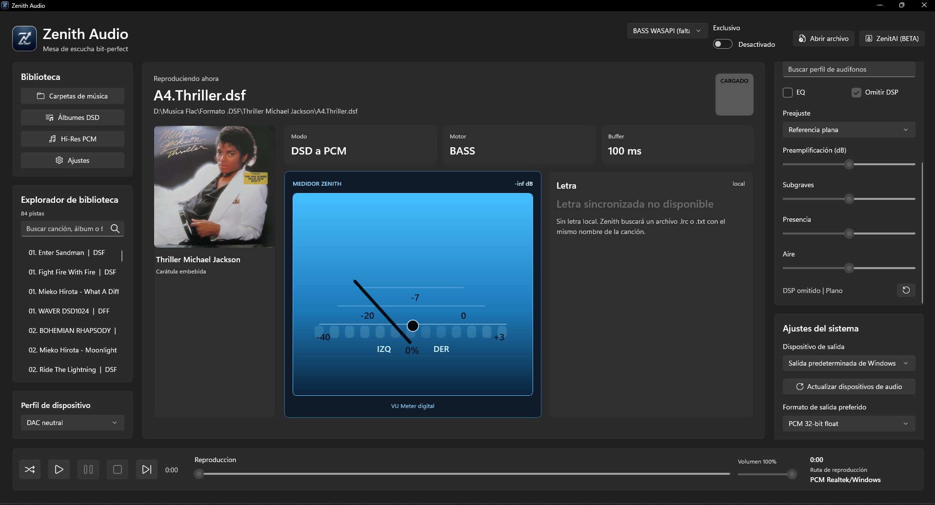Interfaz Zenith Audio Player para Windows